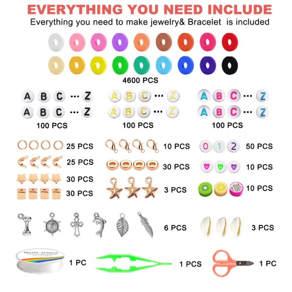 4600-Piece Clay Beads Bracelet Making Kit | 18 Colors | Letters, Charms, Fruit B - Picture 4 of 4